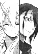 Shuna and Hinata smile cruelly at their humiliations of Gaiye and Reiner.