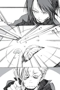 Hinata threatens Fritz over the last gyoza dumpling.