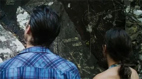 Josh and Skye looking at the carvings