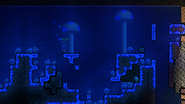 The underground Mushroom Biome. Note the large tree-like mushrooms and glowing blue grass.