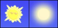 The effect (on the left) of wearing sunglasses compared to the regular (on the right) look of the sun