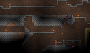 Fighting a skeleton underground.