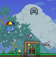 Various enemies present during a rainstorm in. Angry Nimbus (top,' hardmode only), Umbrella Slime (left), and several Flying Fish