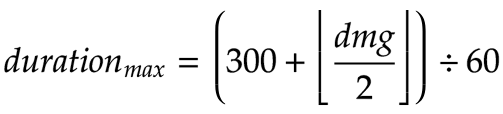 durée_{max} = \left( 300 + \left\lfloor \frac{dégâts}{2} \right\rfloor \right) \div 60