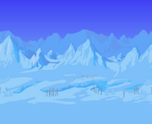 Icy mountains with sparse trees