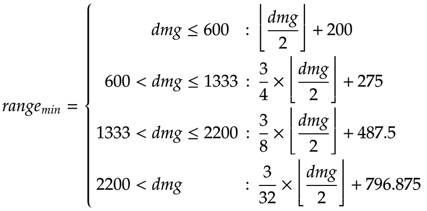 alt=portée_{min} = \begin{cases} \ \ \ \ \ \ \ \ \ \ \ \ \ dégâts \leq 600 & : \ \left\lfloor \frac{dégâts}{2} \right\rfloor + 200 \\ \ \ 600 < dégâts \leq 1333 & : \ \frac{3}{4} \times \left\lfloor \frac{dégâts}{2} \right\rfloor + 275 \\ 1333 < dégâts \leq 2200 & : \ \frac{3}{8} \times \left\lfloor \frac{dégâts}{2} \right\rfloor + 487.5 \\ 2200 < dégâts & : \ \frac{3}{32} \times \left\lfloor \frac{dégâts}{2} \right\rfloor + 796.875 \\ \end{cases}