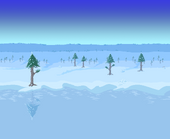 Snowy plains with pine trees, a few piles of Snowballs and a snowman behind a frozen lake