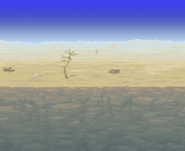 Dry flat desert over a cliff, with a few dead trees and bones