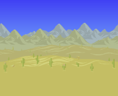 Sand dunes with cacti and a few ruins