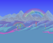 Hallow field with a magenta river, a few hallowed trees, an extra rainbow and distant pink and blue crystals