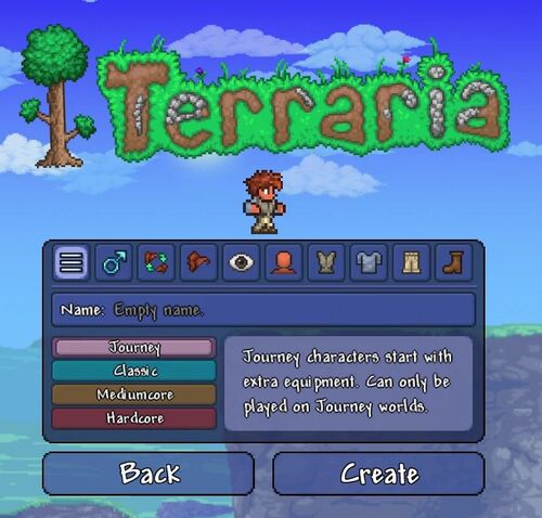 The character creation screen on the  PC version,  Console version,  Mobile version, and  tModLoader version