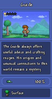 A screenshot of the Guide as depicted in the Bestiary, showing him with a background of the surface, with the description, "The Guide always offers useful advice and crafting recipes