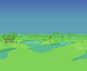 Marsh-like field with sparse jungle trees and animated water bodies