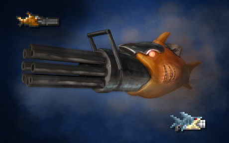 The minishark sprite from Terraria: Otherworld compared to the original