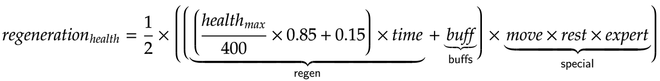 alt=\mathit{regeneration_{health}} = \frac{1}{2} \times \left( \left( \underbrace{ \left( \frac{\mathit{health_{max}}}{400}\times0.85+0