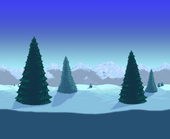 Snowy fields with sparse evergreens.