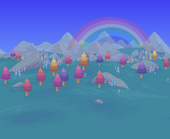 Hills with rocky formations, evergreen-like rainbow trees and crystals