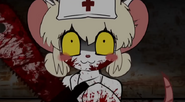 An image of Lorna holding a chainsaw covered in blood.