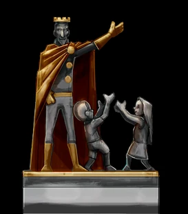 "here's some new bg artwork, a PR statue of the king with happy children (it would be nice to add a fountain of gold coins from his palm to theirs here, we'll se if that makes it in)" - Olli