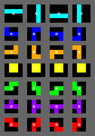 The seven Tetris shapes used in the Tetris game. Each block can be