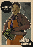 Promotional material featuring Leatherface in a 70s style trading card