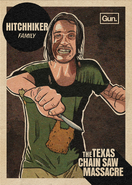 Promotional material featuring the Hitchhiker in a 70s style trading card