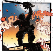 A silhouette of Thomas Hewitt, a large man wielding a chainsaw over his head and missing an arm. He has wild hair and ragged-looking clothing, and is jumping down from the roof of a vehicle. He has smoke and a sunset behind him, along with a stylized onomatopoeia of a chainsaw sound effect in an orange gradient.