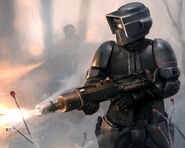 An elite chat trooper firing at members of the rebellion with a heavy weapon.