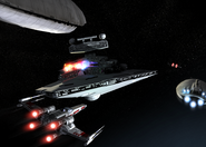 The transport being engaged by Chat naval forces. The Star Destroyer seen had taken three consecutive hits from the Mass Driver below, but all escorts were still destroyed.