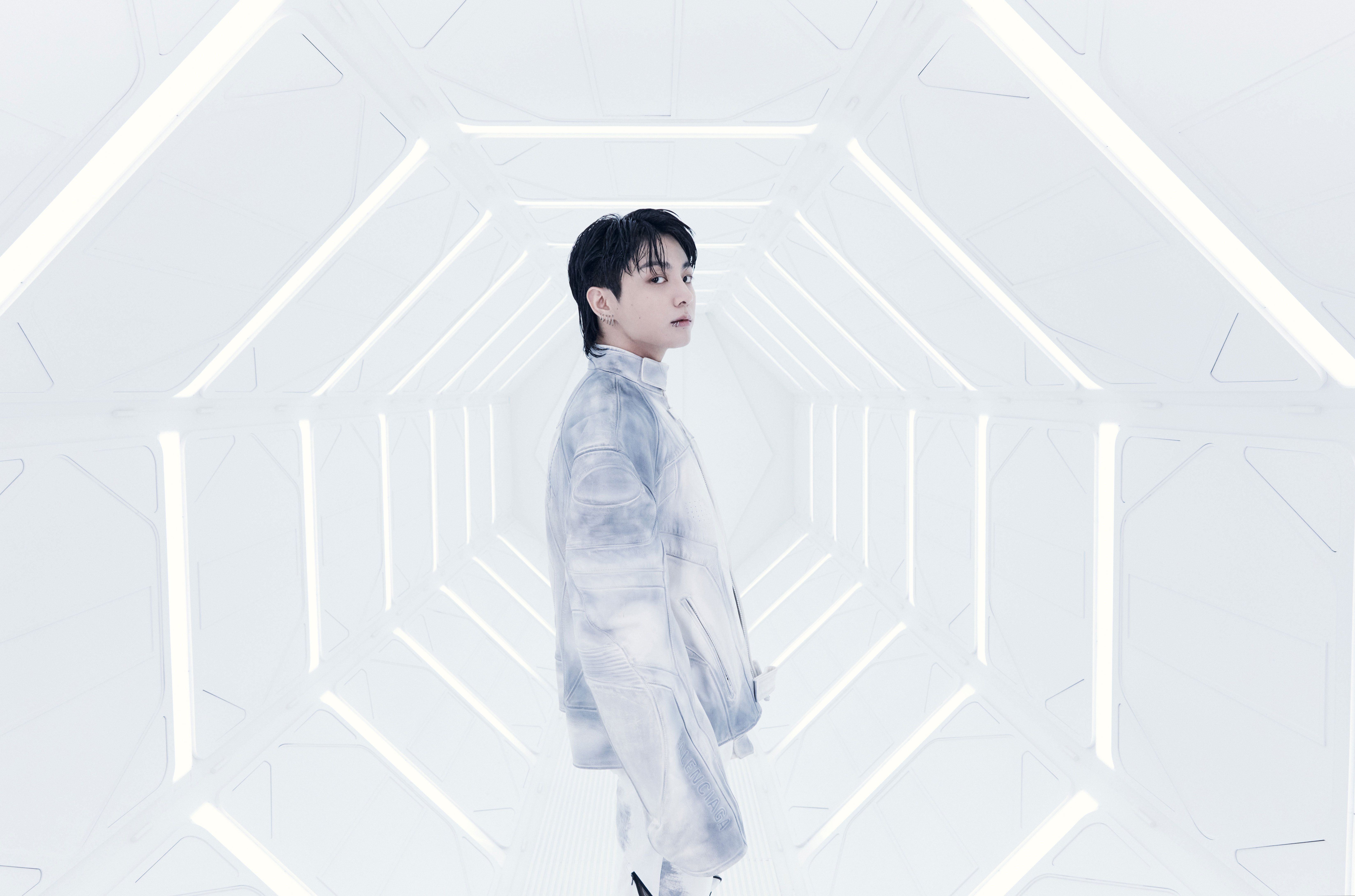 Download Bts Jung Kook Wearing White Suit Wallpaper