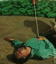 Rhisiart with an arrow sticking out of his body
