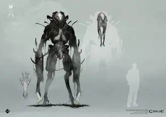 Dimensional Shambler full body compared to a human (Art by Loïc Muzy)
