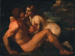 Eve tempting Adam to eat the fruit