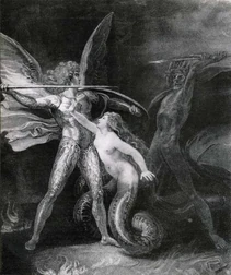 Sin attempting to halt a conflict between her father and Death