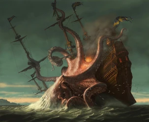 Kraken attacking a ship (Art by Russell Marks)