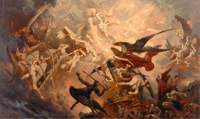 angels and demons fighting painting