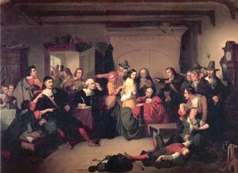 One of the trials in Salem where a witch is being prosecuted.