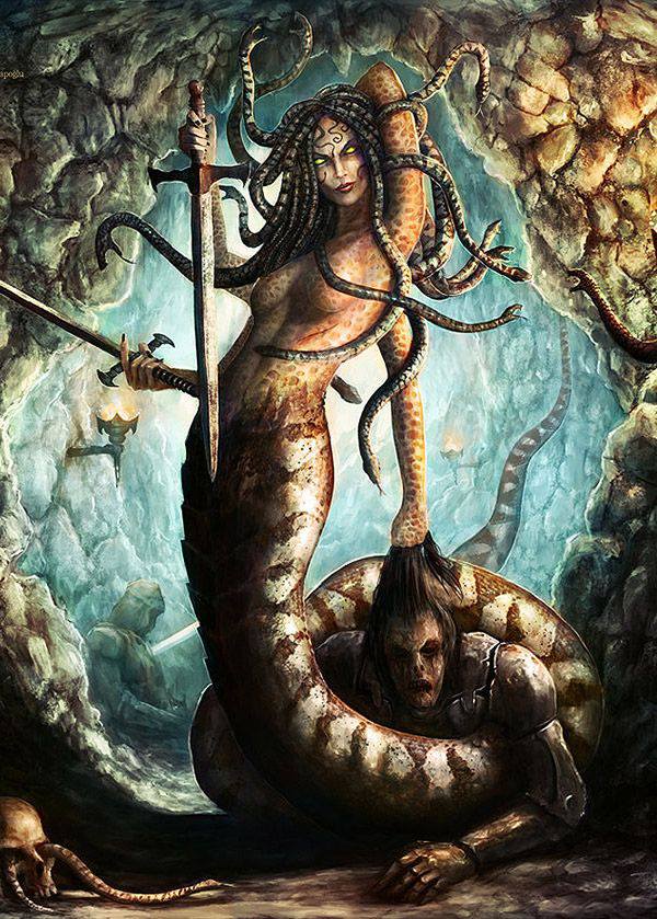 Fantasy image of the Greek goddess on the throne. Gorgon Medusa Stock  Illustration, gorgons and goddesses