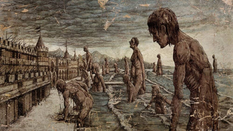 Gog and Magog's forces attacking a coastal city.