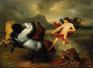 A genius of peace stopping the horses of Mars