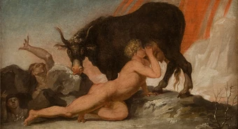 Ýmir sucks at the udder of Auðumbla as she licks Búri out of the ice.