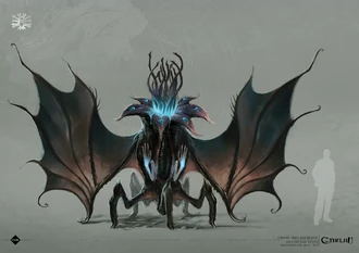 An Elder Thing compared to a human (Art by Loïc Muzy)