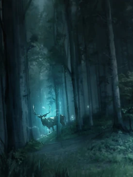 A stag, possibly the god Cernunnos, within the forests of the Otherworld.