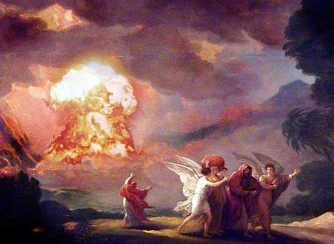 Lot and his family being escorted away from the destroyed cities