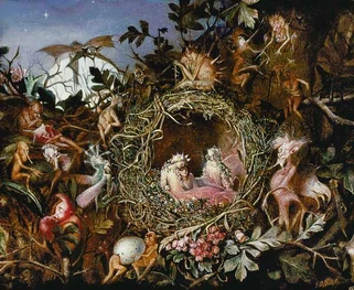 Fairies in a bird's nest (Art by John Anster Fitzgerald)