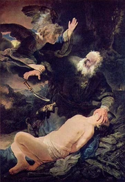 Abraham about to kill his son Isaac as ordered by Mastema
