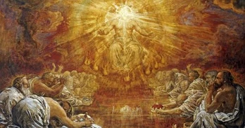 God seated upon His throne before his followers.