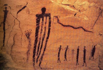 A cave painting depicting an Anunnaki being worshipped