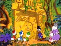 Scrooge and gang at temple entrance