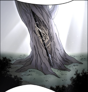 A spear-like Narin embedded in the heart of a tree.